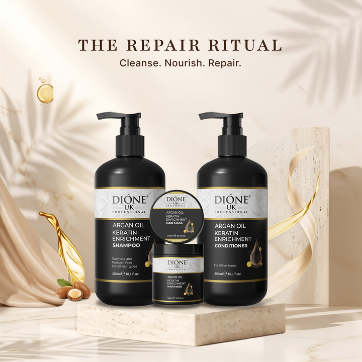 Dione UK Keratin Trio, Salon Size — Shampoo, Conditioner & 500ml Deep-Repair Mask