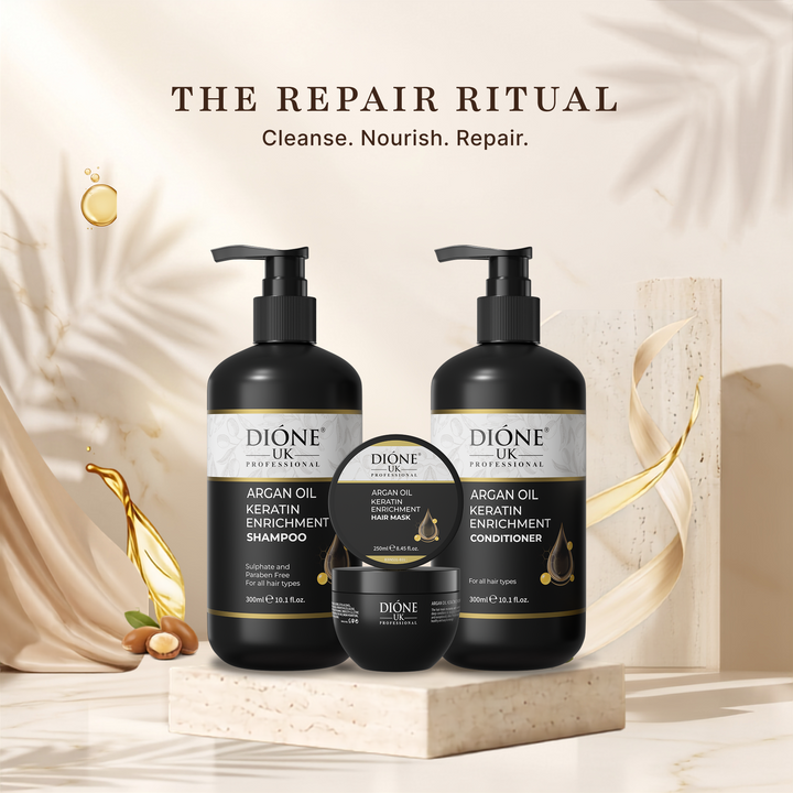 Dione UK Keratin Trio — Shampoo, Conditioner & Hair Mask for Dull, Dry & Frizzy Hair (300ml + 300ml + 250ml)