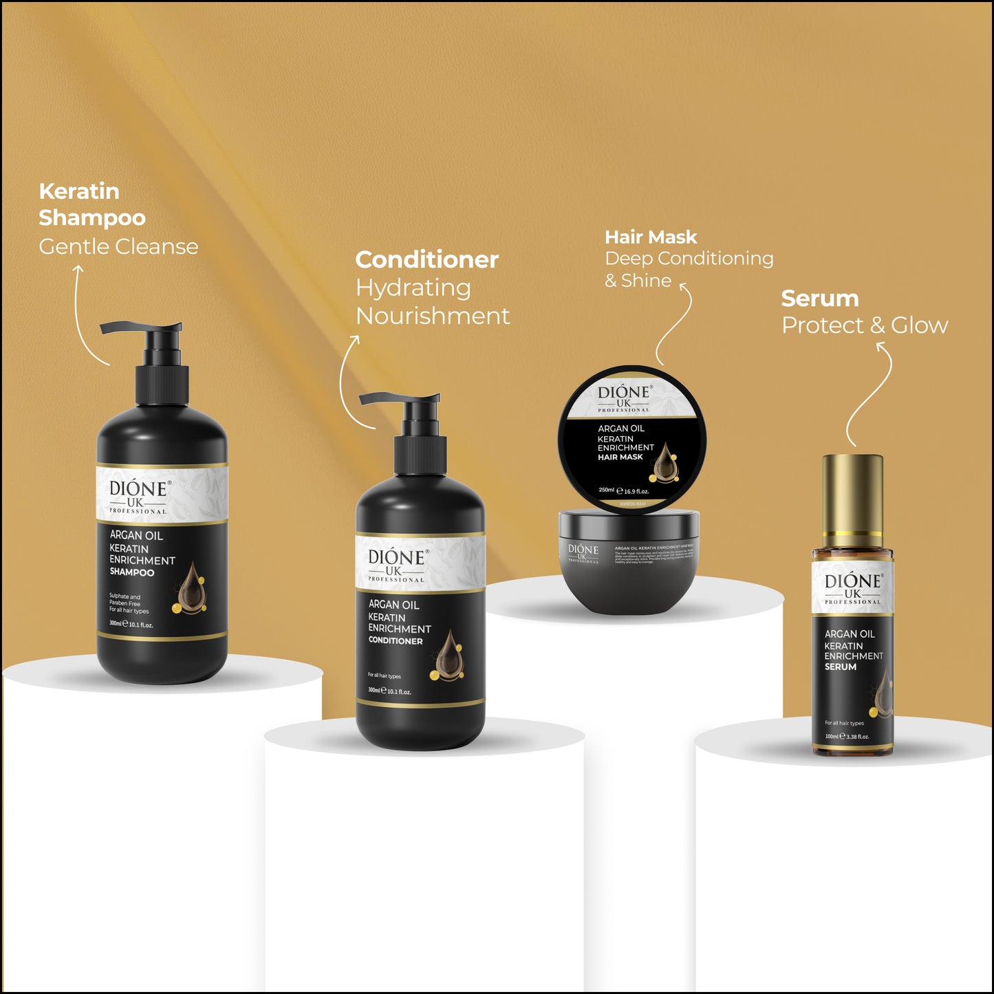 Shampoo (300ml) Conditioner (300ml) Mask(250ml) Serum (100ml)
