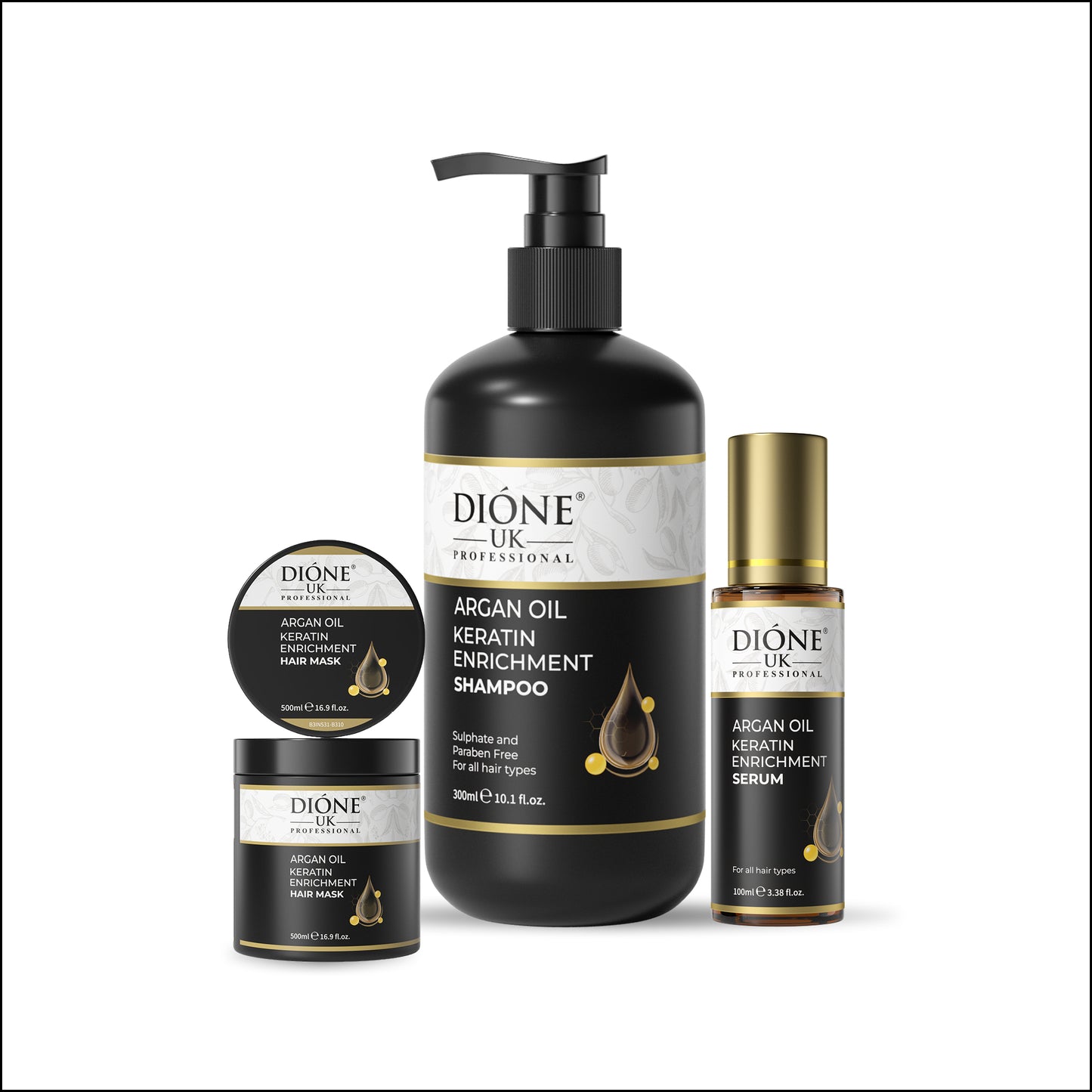 Shampoo (300ml) Serum (100ml) Mask (500ml)