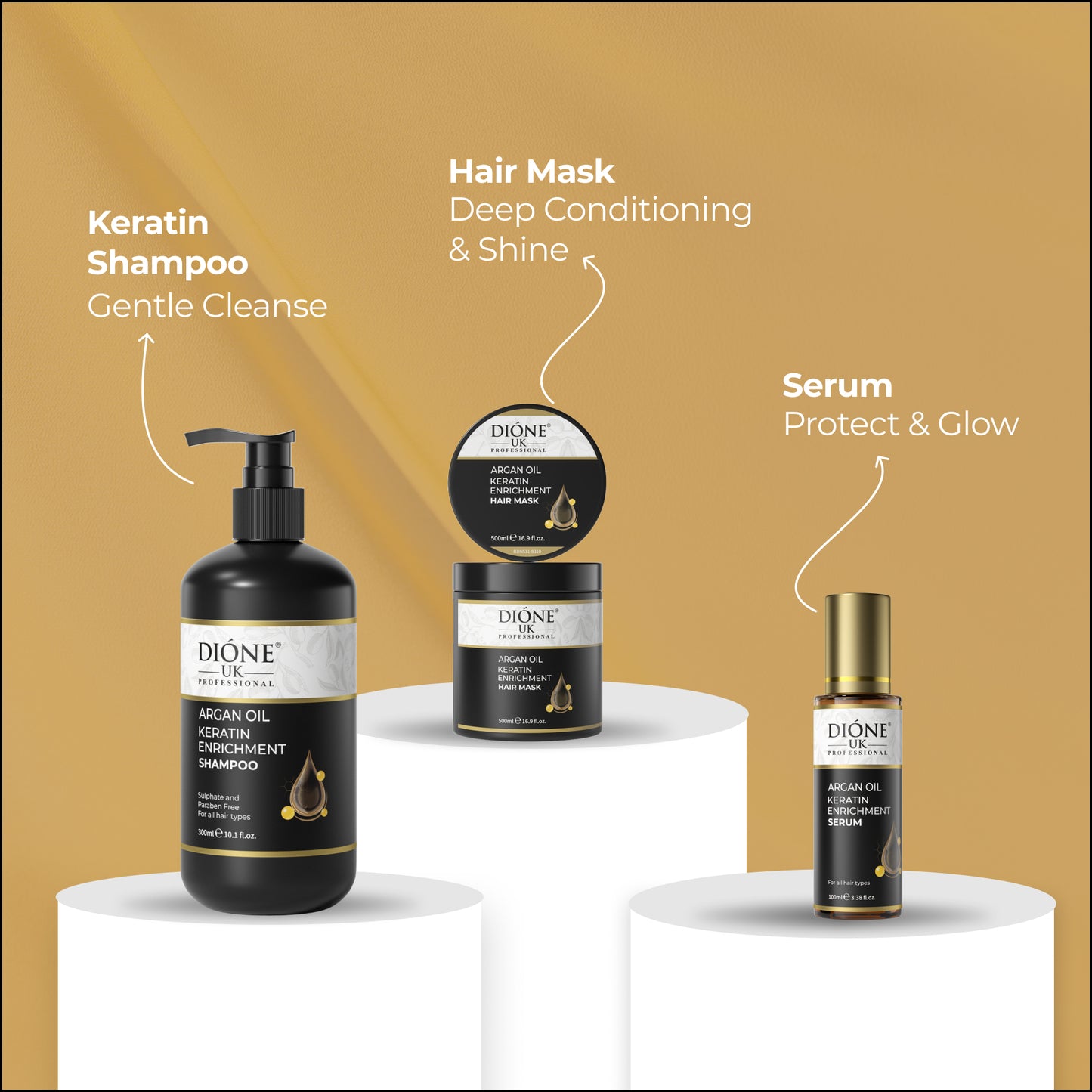 Shampoo (300ml) Serum (100ml) Mask (500ml)