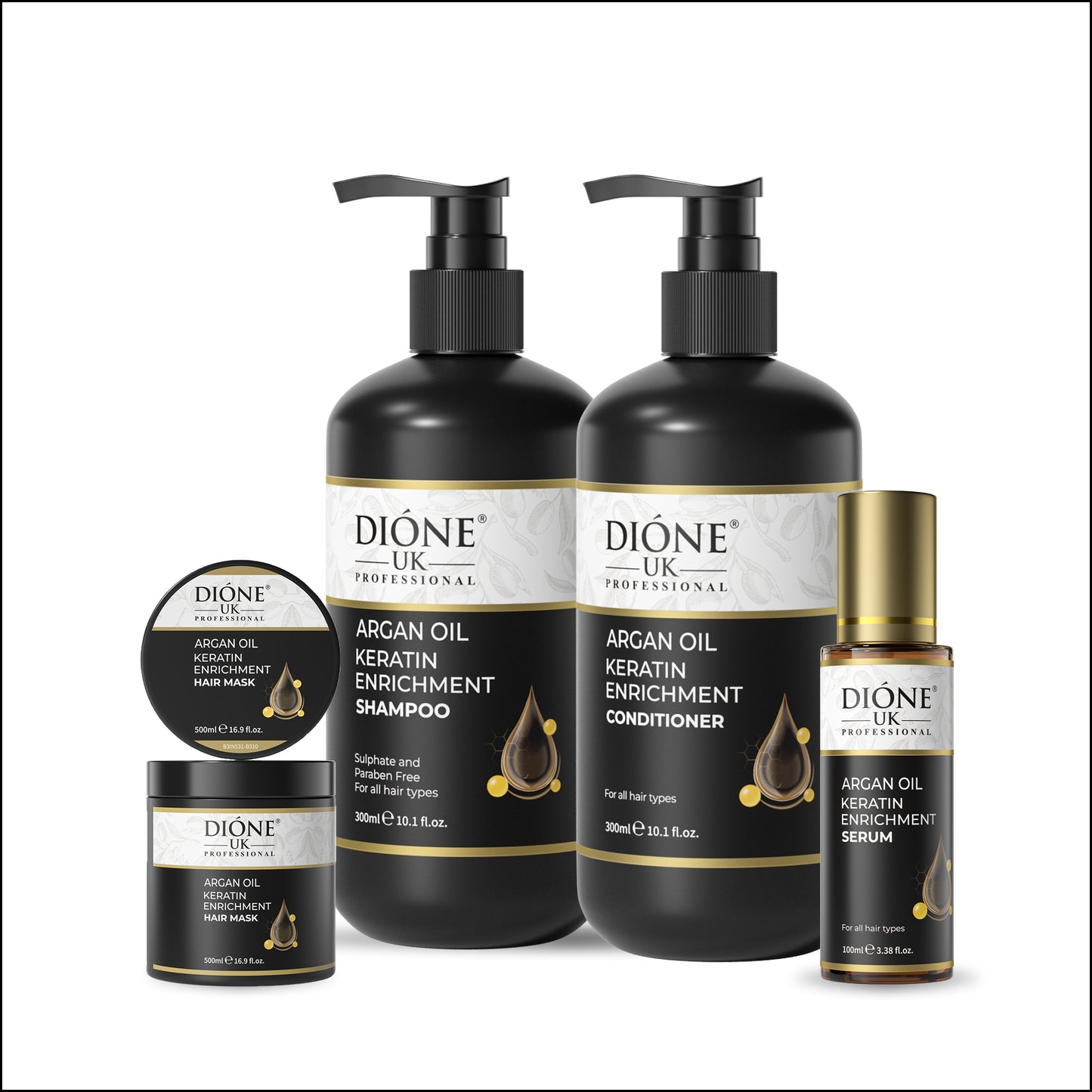 Shampoo (300ml) Conditioner (300ml) Mask(500ml) Serum (100ml)