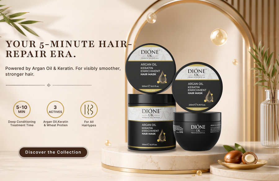 Two  Dione hair care products displayed on a marble pedestal in a styled studio setup with decorative leaves and gold props. The products include argan oil keratin treatment hair mask and argan oil keratin & hair repair mask in black jars with gold and white labels.