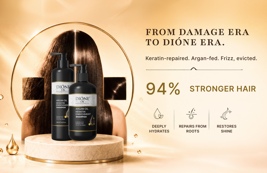 Two black pump bottles of DIONE haircare products displayed on a gold pedestal in front of a woman's head with long brown hair, with promotional text on a gold background.