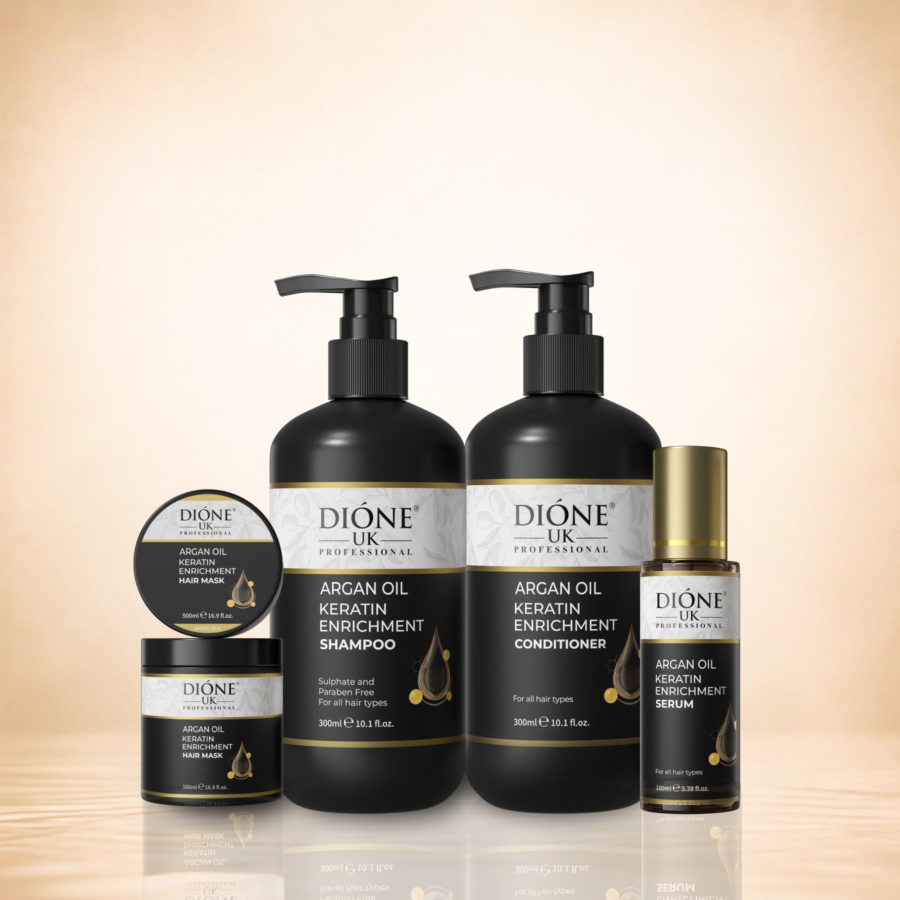 Dione UK Grand Keratin Ritual — Shampoo, Conditioner, 500ml Mask & Frizz-Control Serum