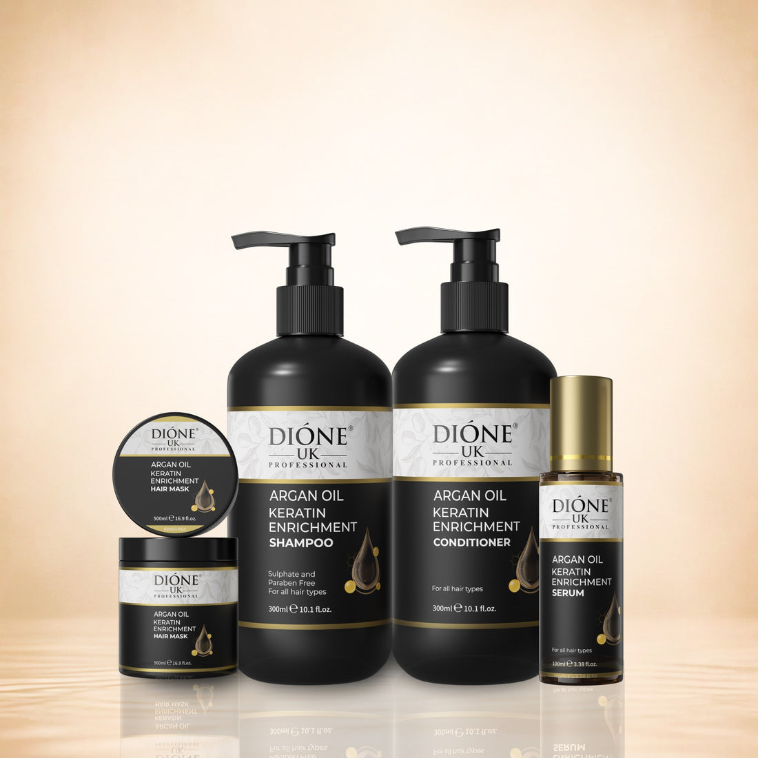 Dione UK Grand Keratin Ritual — Shampoo, Conditioner, 500ml Mask & Frizz-Control Serum