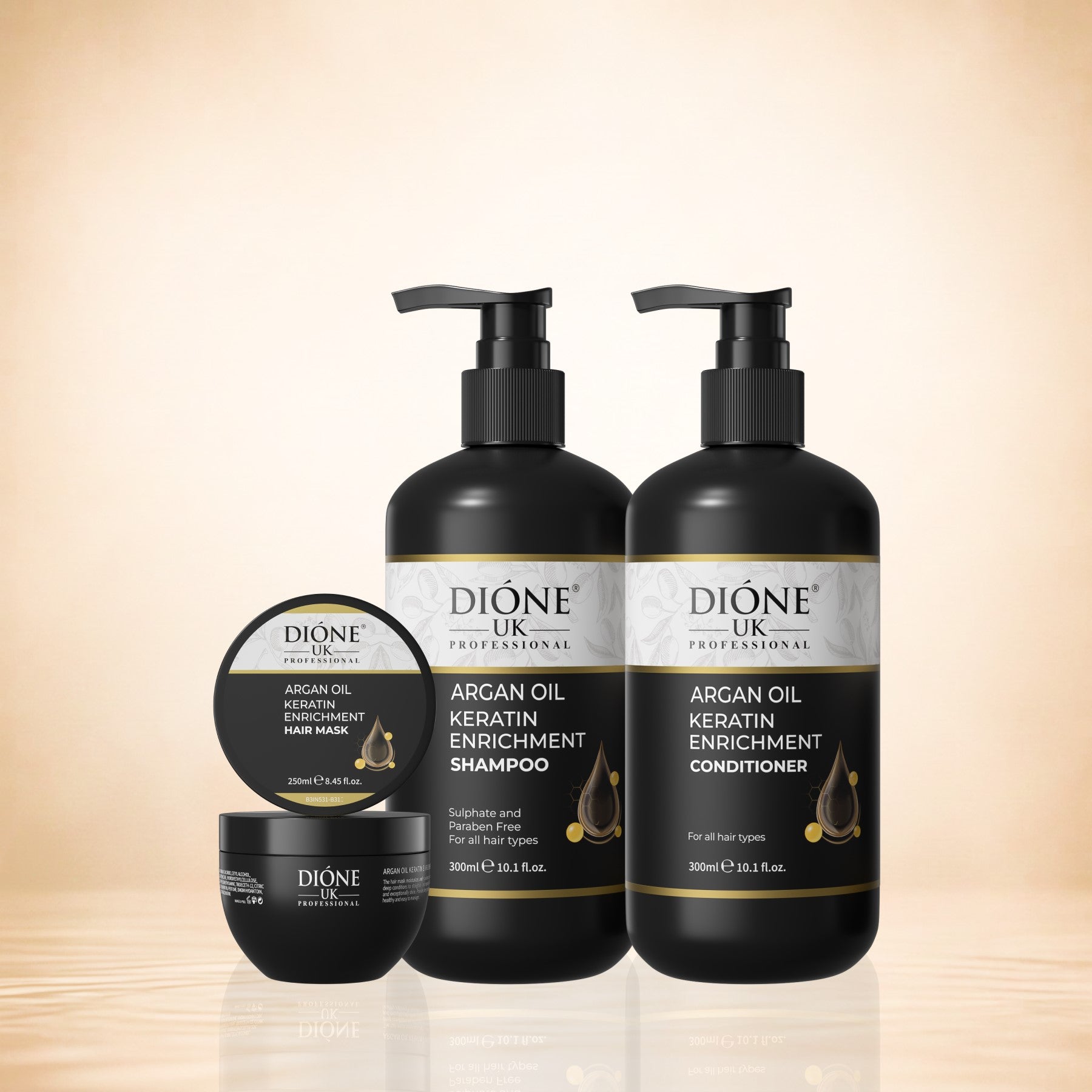 Dione UK Keratin Trio — Shampoo, Conditioner & Hair Mask for Dull, Dry & Frizzy Hair (300ml + 300ml + 250ml)