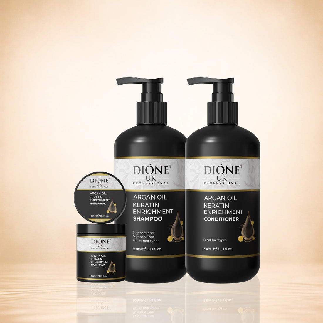 Dione UK Keratin Trio, Salon Size — Shampoo, Conditioner & 500ml Deep-Repair Mask