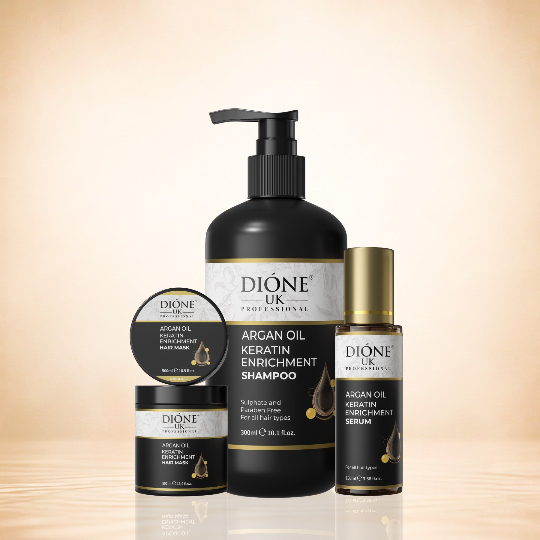 Dione UK Deep Repair Trio — Keratin Shampoo, 500ml Hair Mask & Frizz-Control Serum