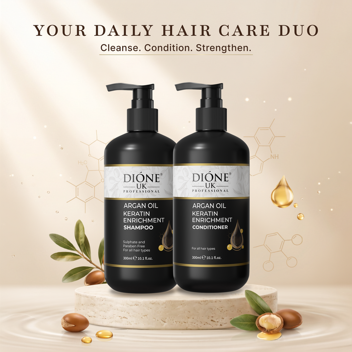 Dione UK Keratin Shampoo & Conditioner Duo — Frizz Control for Dry, Damaged & Colour-Treated Hair (300ml each)