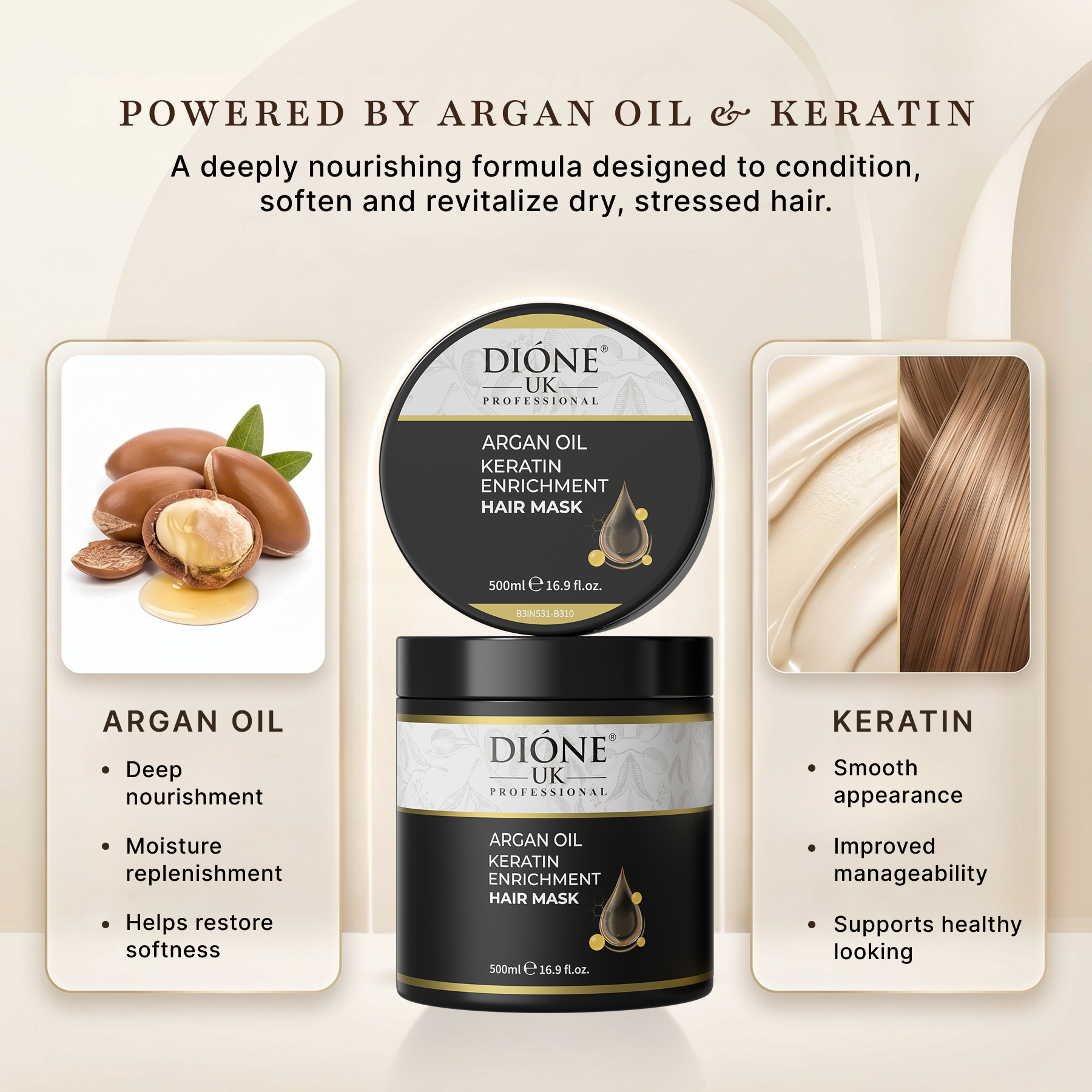 Dione UK Keratin Enrichment Hair Mask — Intensive Deep-Repair Treatment for Dry & Damaged Hair (500 ml)