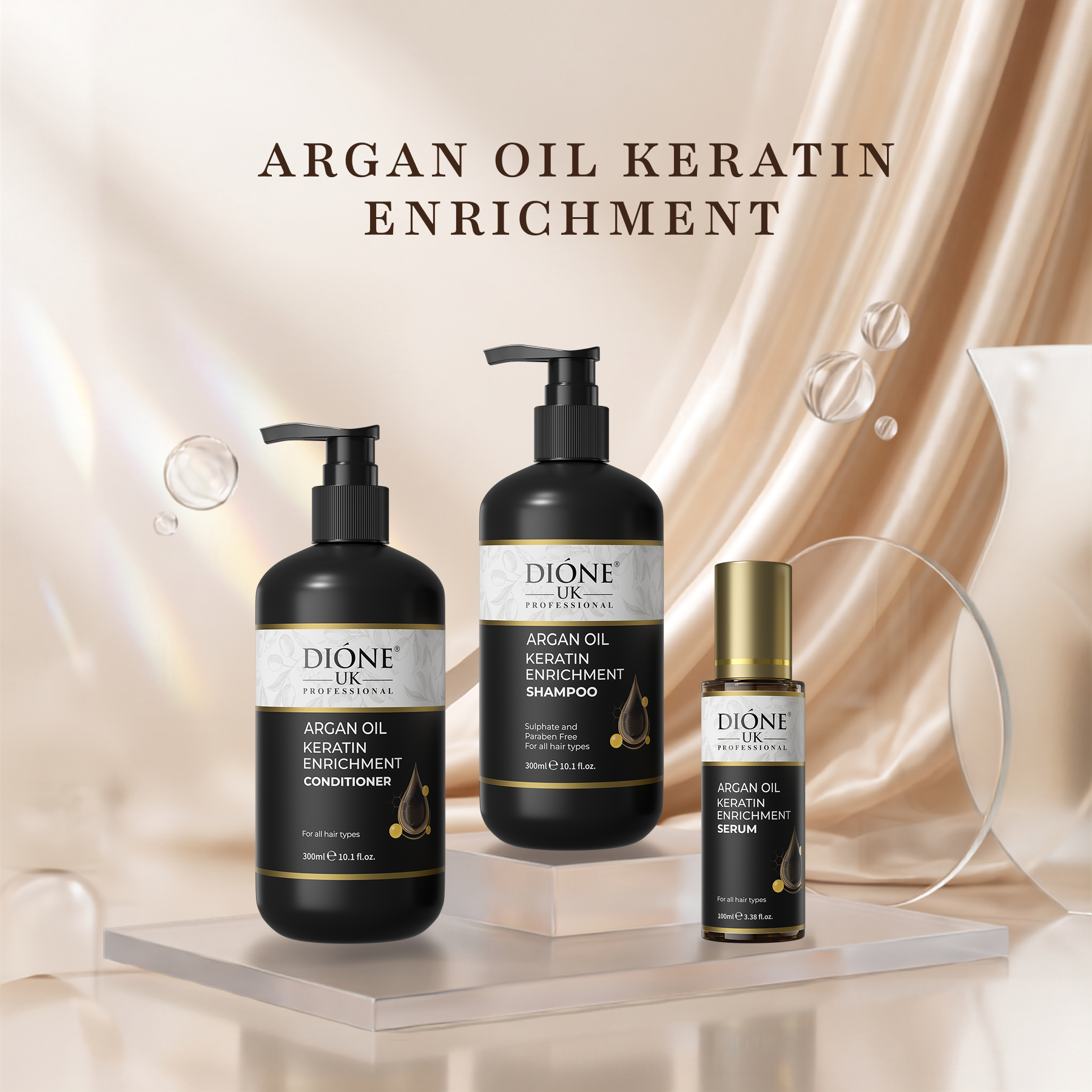 Dione UK Everyday Trio — Keratin Shampoo, Conditioner & Frizz-Control Serum