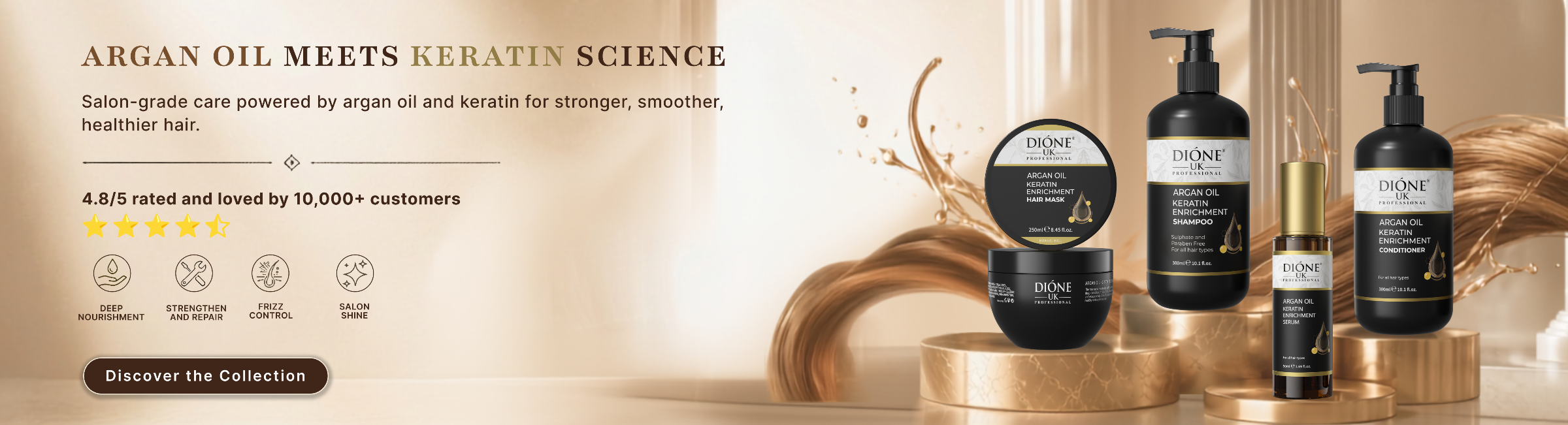 A promotional banner for Dione haircare products, featuring several black pump bottles and jars with gold accents arranged on gold pedestals. The background is a warm beige with elegant gold leaf textures and decorative gold columns.