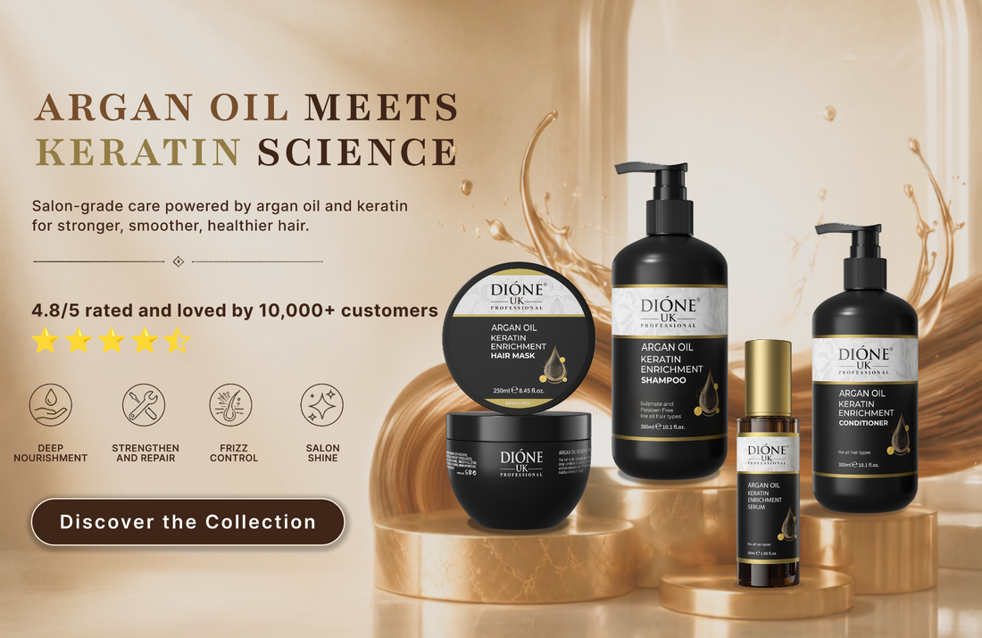 Dione haircare collection featuring argan oil meets keratin science products including a shampoo, conditioner, and treatment oil, displayed on gold pedestals with promotional text on a beige background.