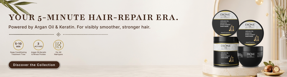 Promotional banner for Dione hair repair products, featuring three black and gold jars on a white pedestal with decorative gold leaves and a small bowl of seeds. The left side includes text reading 'YOUR 5-MINUTE HAIR-REPAIR ERA.