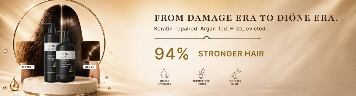 Promotional banner for Dione haircare products, showing two black bottles on a pedestal against a warm gold background with text reading 'FROM DAMAGE ERA TO DIÒNÉ ERA.' and '94% STRONGER HAIR'.
