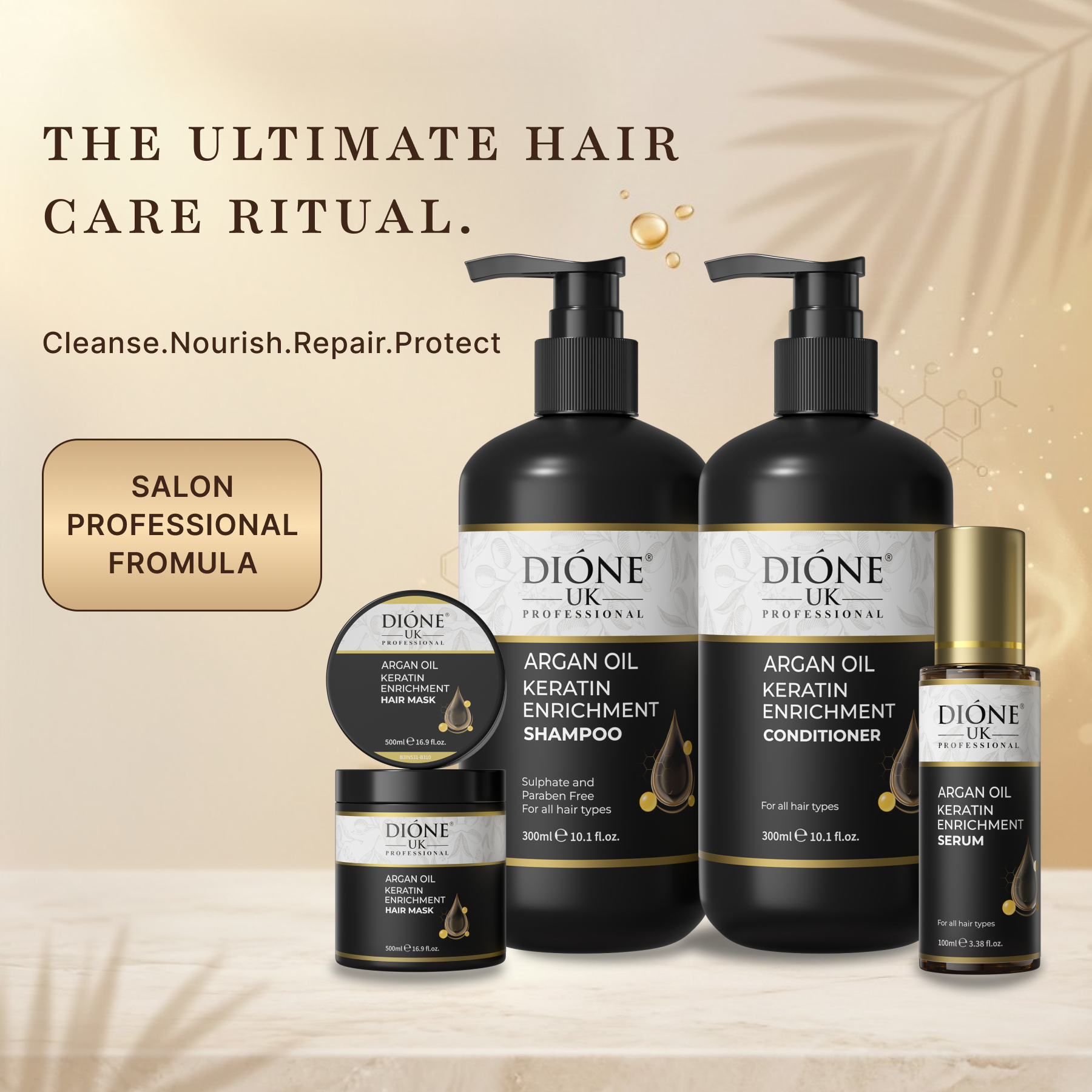 Dione UK Grand Keratin Ritual — Shampoo, Conditioner, 500ml Mask & Frizz-Control Serum