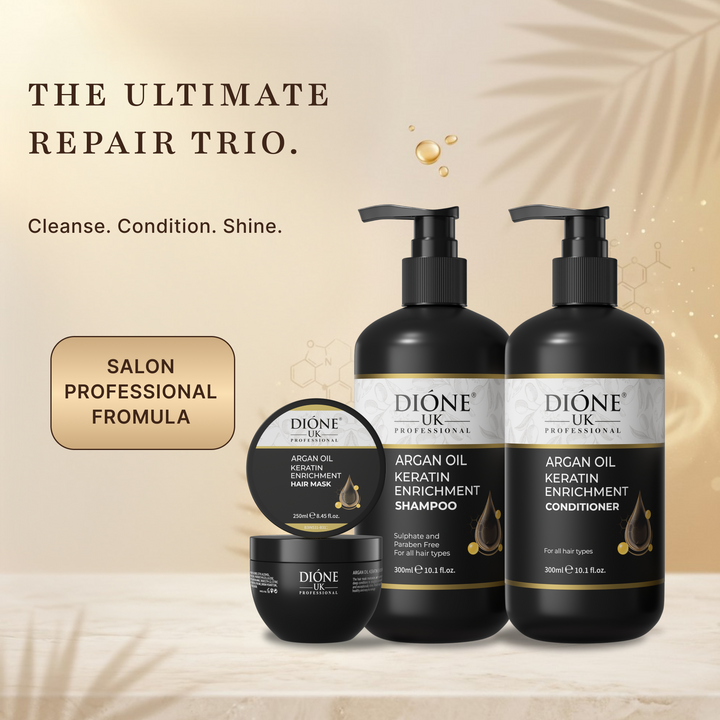 Dione UK Keratin Trio — Shampoo, Conditioner & Hair Mask for Dull, Dry & Frizzy Hair (300ml + 300ml + 250ml)