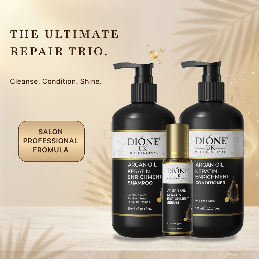 Dione UK Everyday Trio — Keratin Shampoo, Conditioner & Frizz-Control Serum