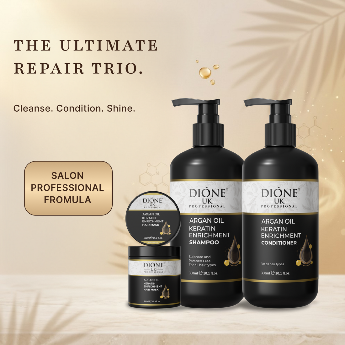 Dione UK Keratin Trio, Salon Size — Shampoo, Conditioner & 500ml Deep-Repair Mask