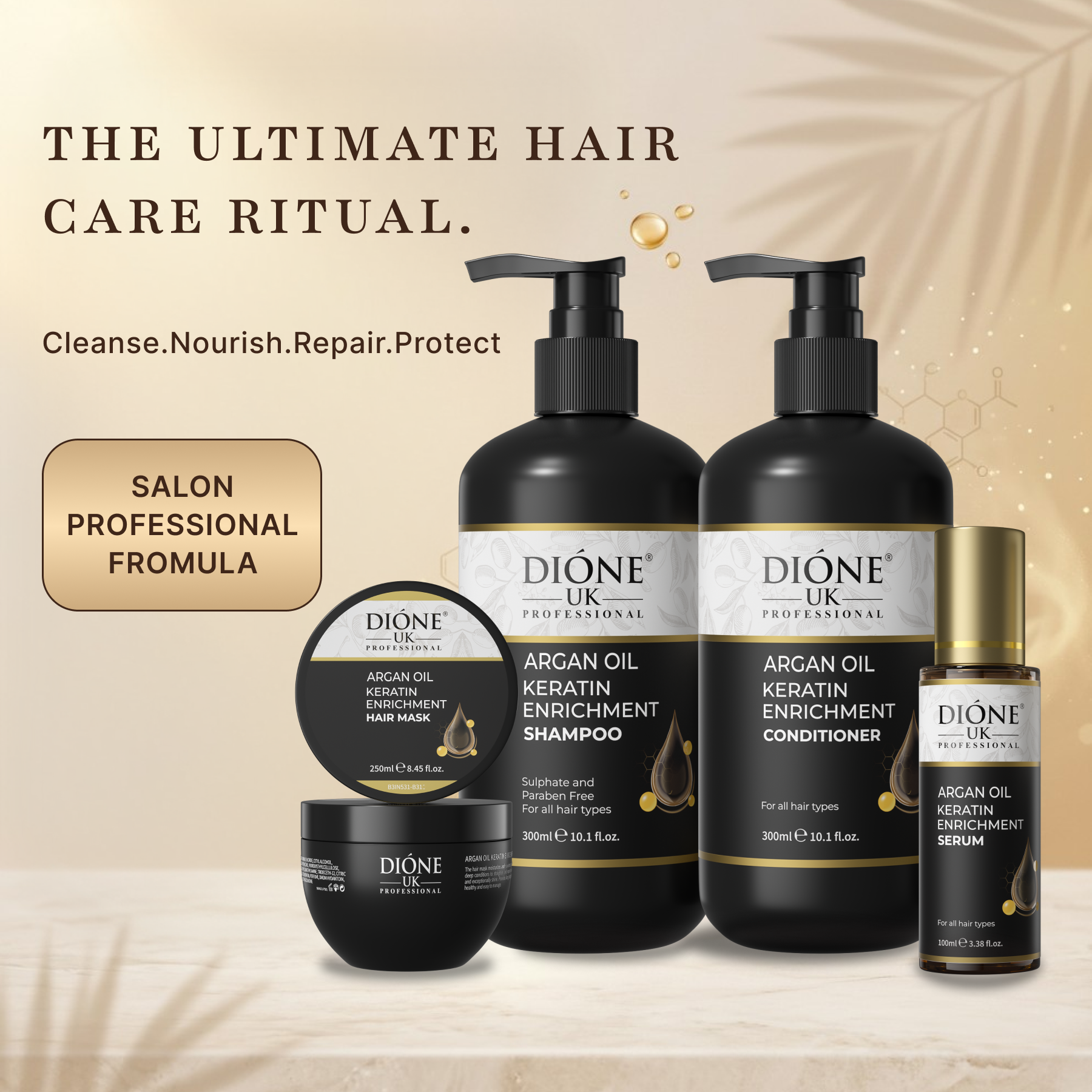 Dione UK Complete Keratin Ritual — Shampoo, Conditioner, Hair Mask & Serum for Dry, Damaged & Chemically Treated Hair