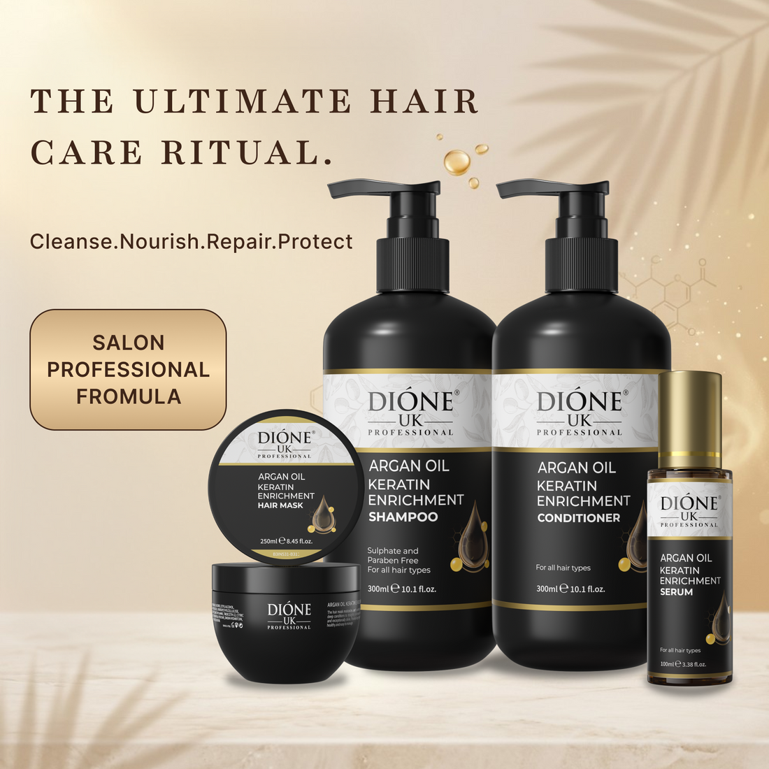 Dione UK Complete Keratin Ritual — Shampoo, Conditioner, Hair Mask & Serum for Dry, Damaged & Chemically Treated Hair