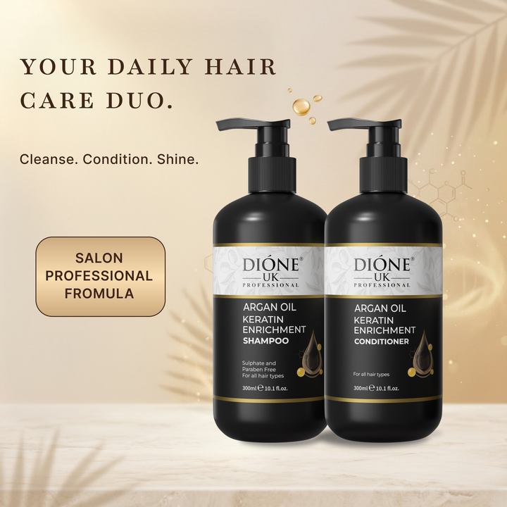 Dione UK Keratin Shampoo & Conditioner Duo — Frizz Control for Dry, Damaged & Colour-Treated Hair (300ml each)