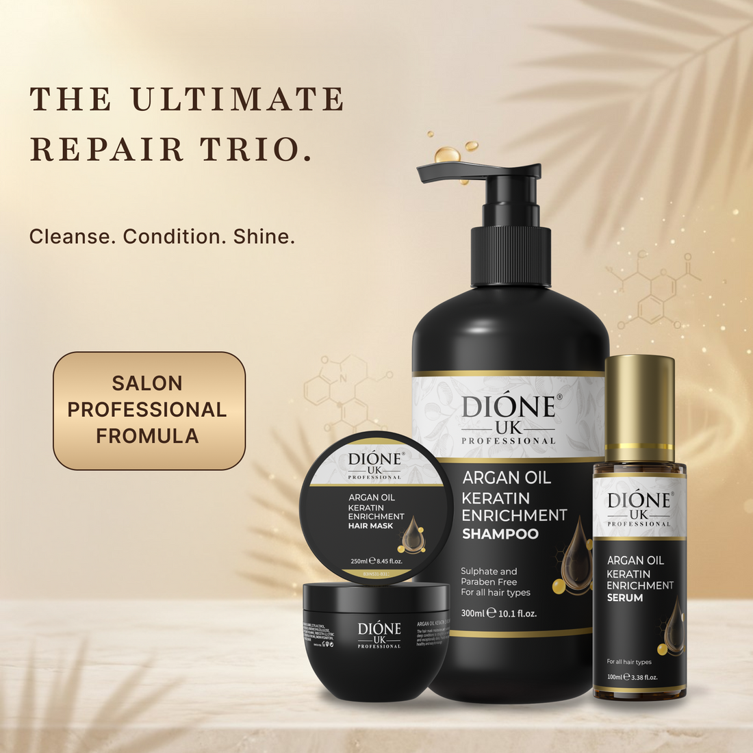 Dione UK Repair Starter Kit — Keratin Shampoo, Hair Mask & Frizz-Control Serum
