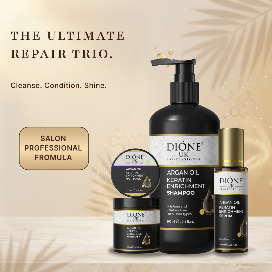 Dione UK Deep Repair Trio — Keratin Shampoo, 500ml Hair Mask & Frizz-Control Serum