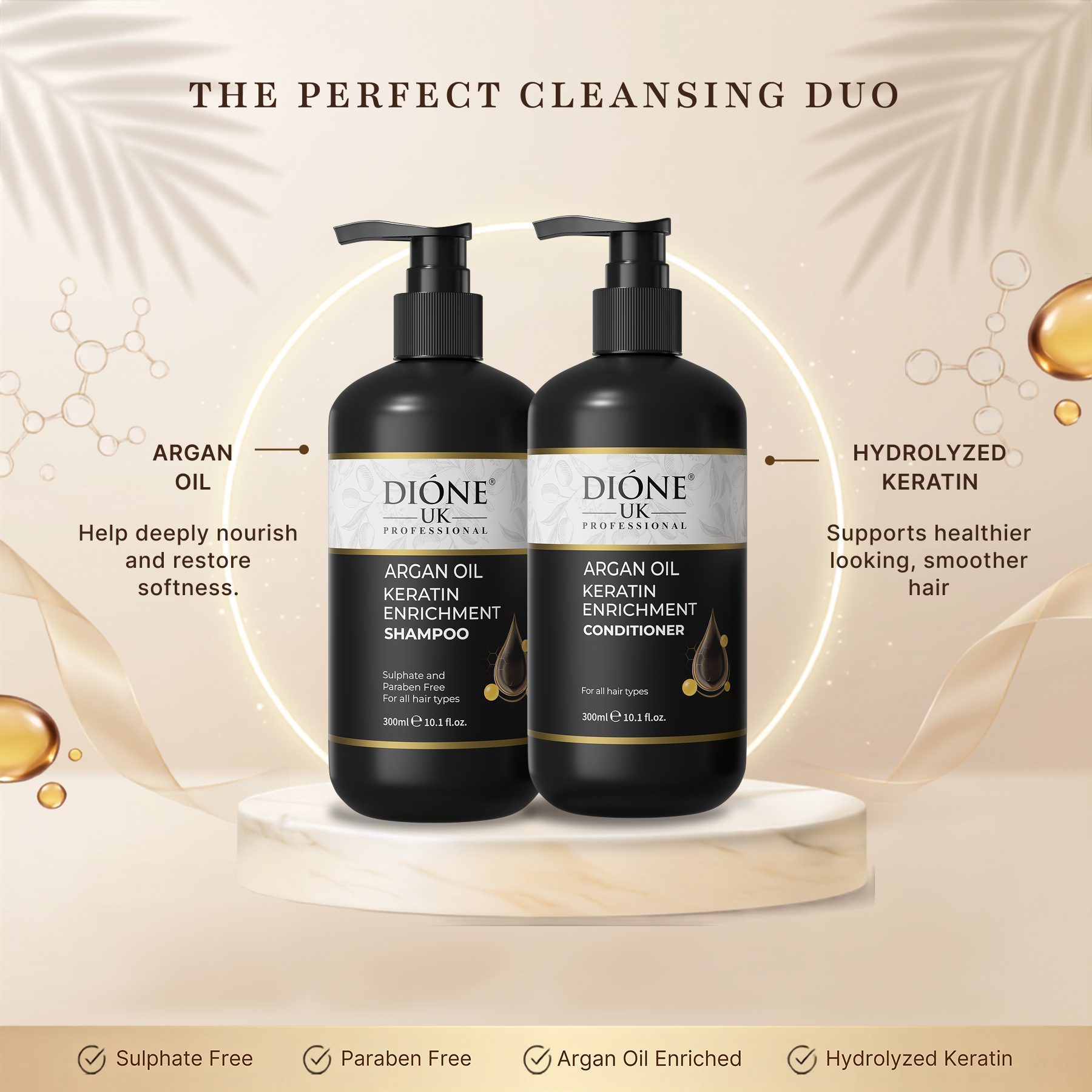Dione UK Keratin Shampoo & Conditioner Duo — Frizz Control for Dry, Damaged & Colour-Treated Hair (300ml each)