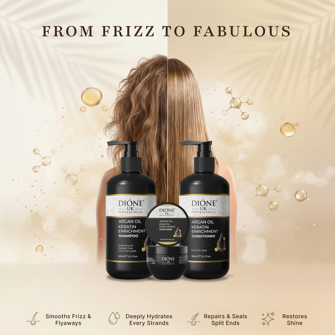 Dione UK Keratin Trio — Shampoo, Conditioner & Hair Mask for Dull, Dry & Frizzy Hair (300ml + 300ml + 250ml)