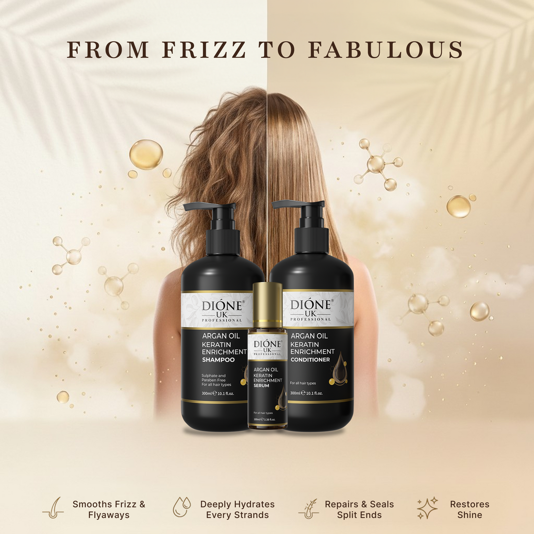 Dione UK Everyday Trio — Keratin Shampoo, Conditioner & Frizz-Control Serum
