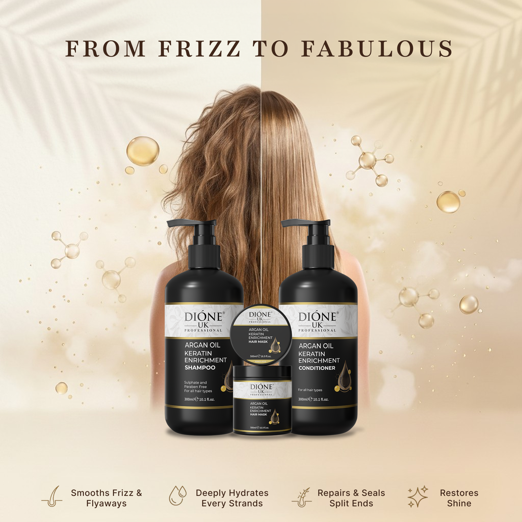 Dione UK Keratin Trio, Salon Size — Shampoo, Conditioner & 500ml Deep-Repair Mask