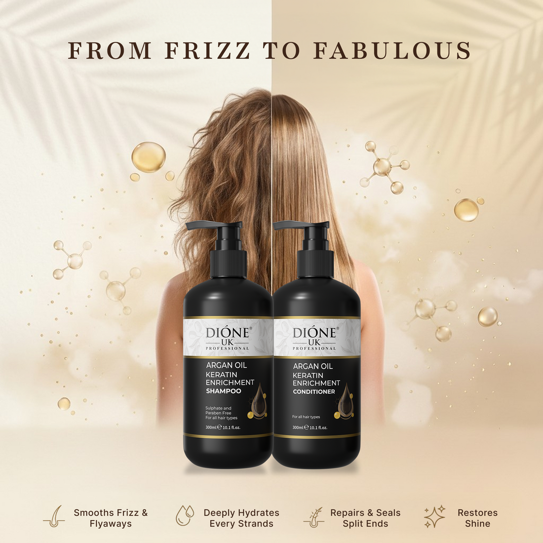 Dione UK Keratin Shampoo & Conditioner Duo — Frizz Control for Dry, Damaged & Colour-Treated Hair (300ml each)