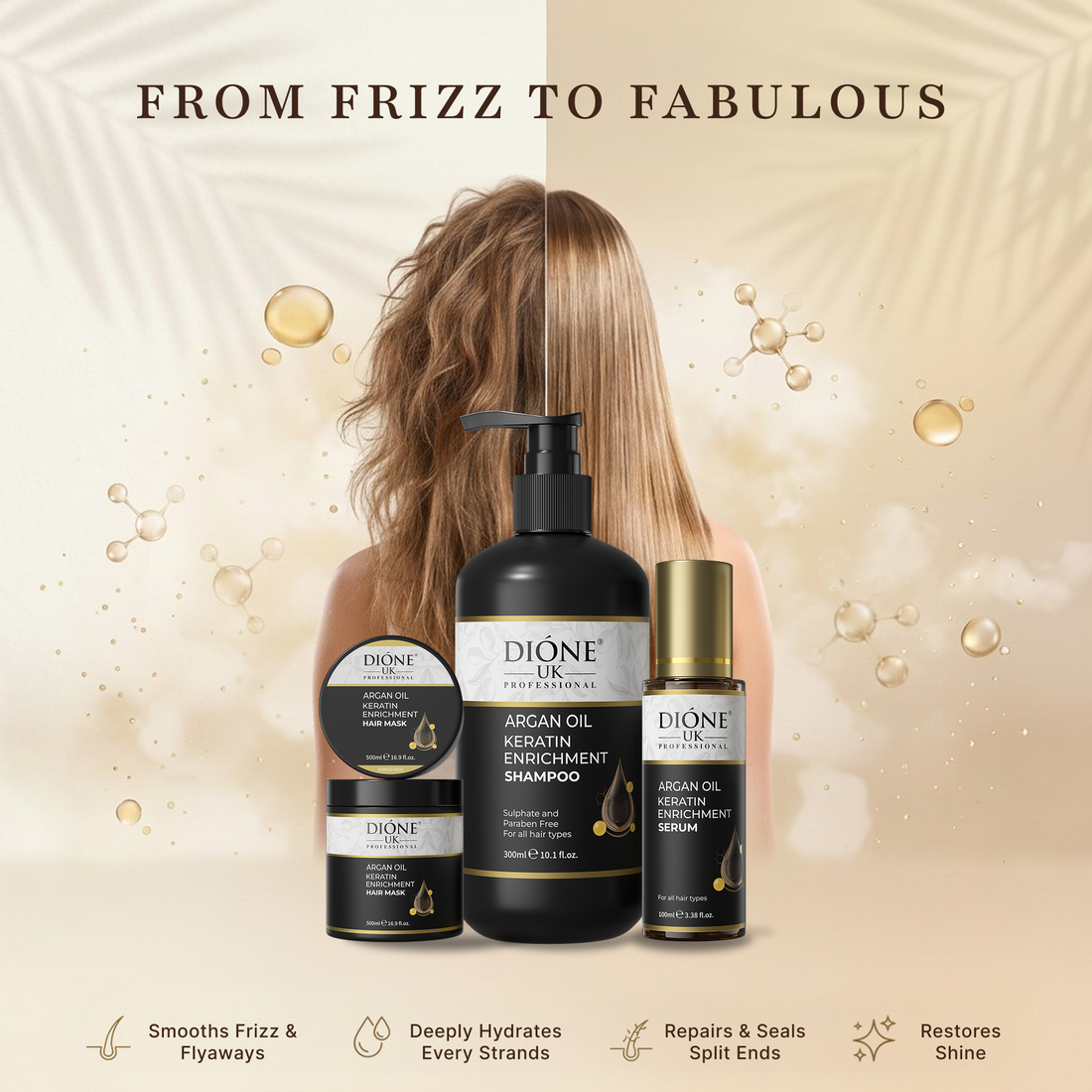 Dione UK Deep Repair Trio — Keratin Shampoo, 500ml Hair Mask & Frizz-Control Serum