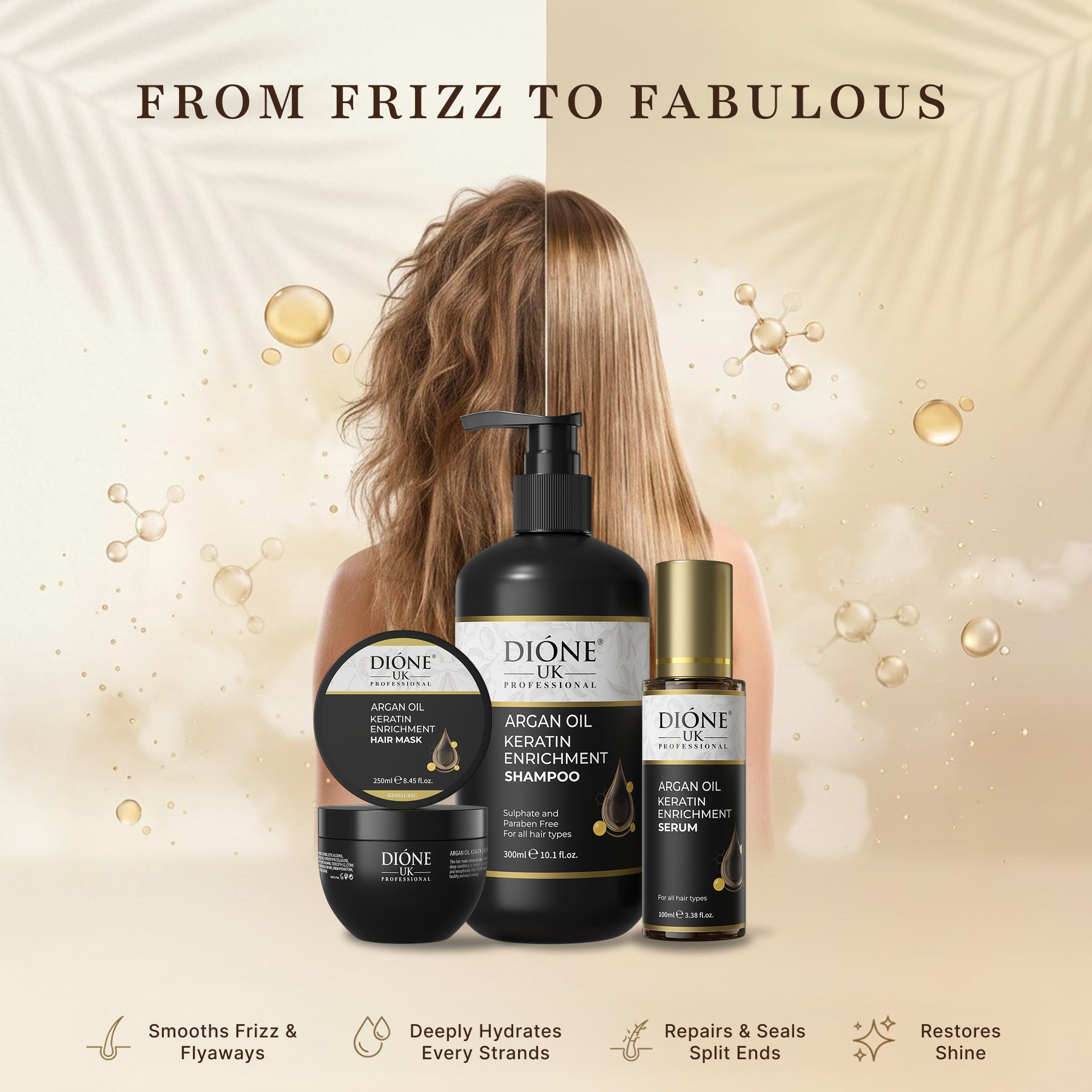 Dione UK Repair Starter Kit — Keratin Shampoo, Hair Mask & Frizz-Control Serum
