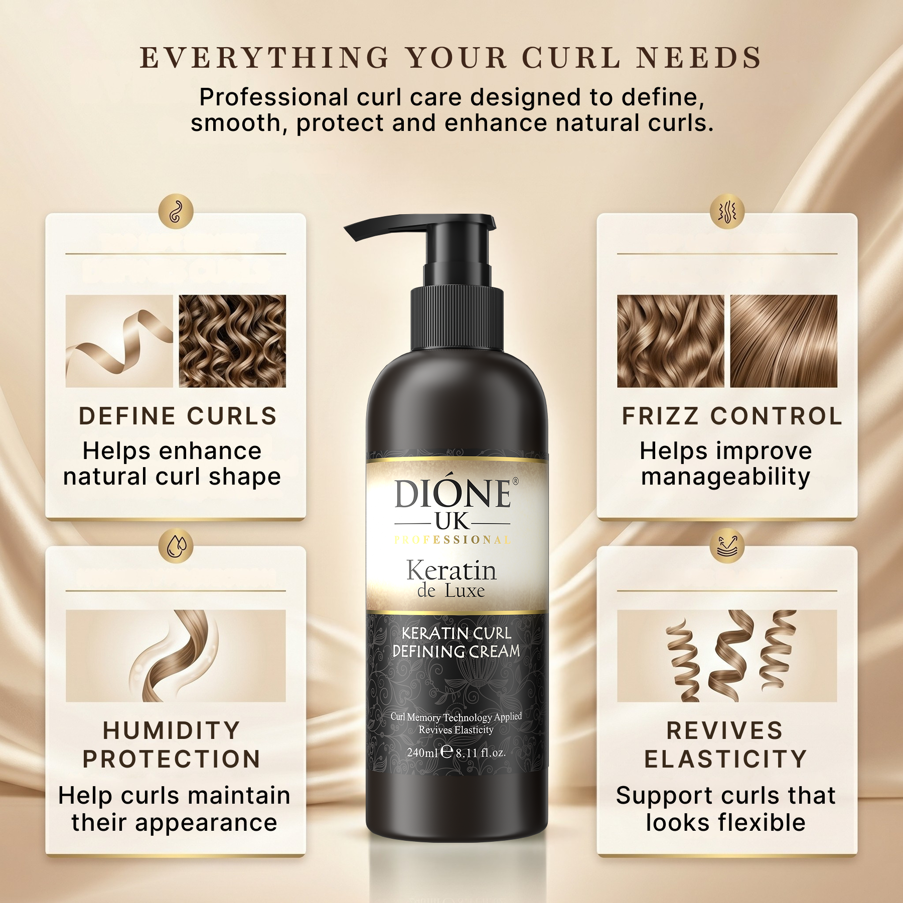 Dione UK Keratin De Luxe Curl Cream — Defines & Holds Natural Curls, No Crunch or Grease (240 ml)