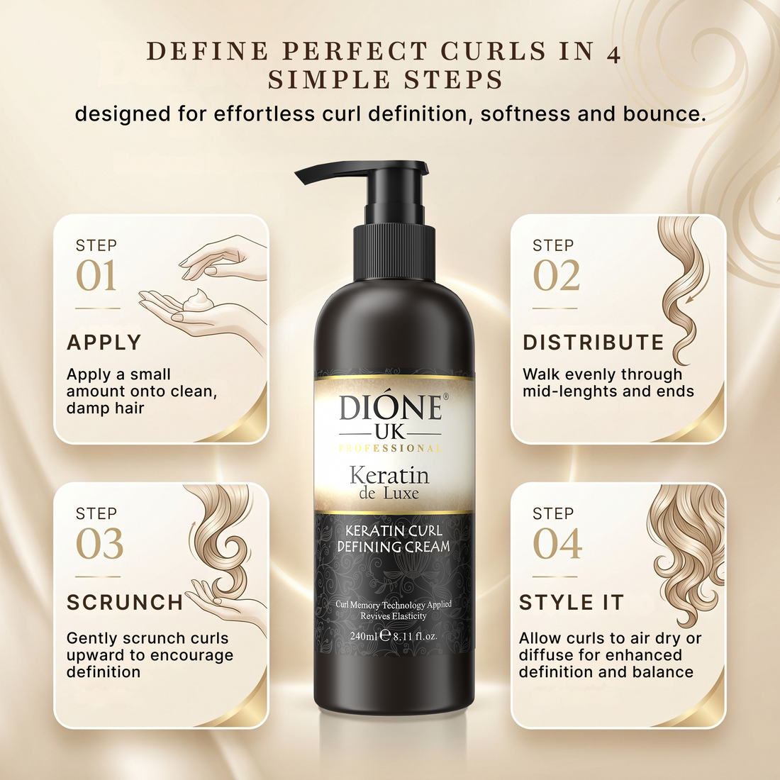Dione UK Keratin De Luxe Curl Cream — Defines & Holds Natural Curls, No Crunch or Grease (240 ml)