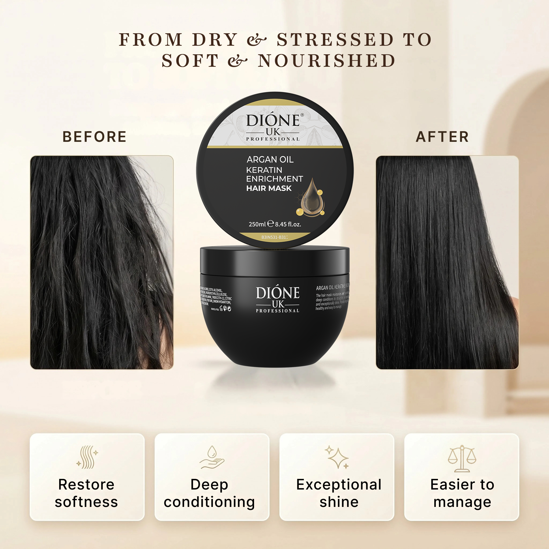 Dione UK Keratin Enrichment Hair Mask — Intensive Deep-Repair Treatment for Dry & Damaged Hair (250 ml)