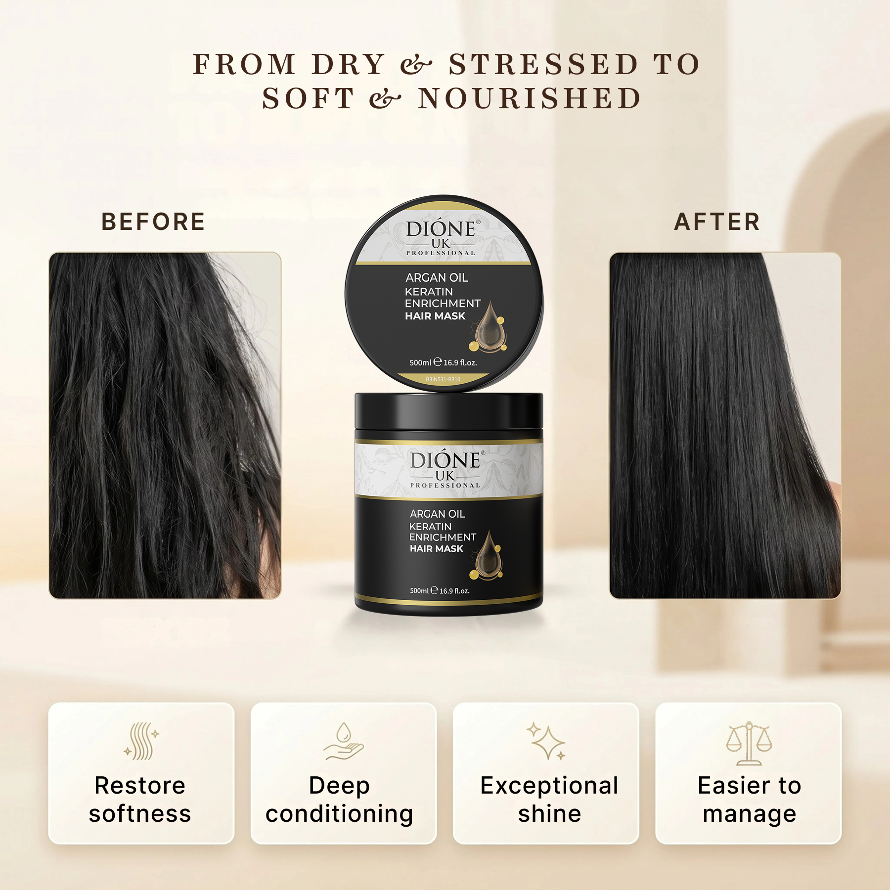 Dione UK Keratin Enrichment Hair Mask — Intensive Deep-Repair Treatment for Dry & Damaged Hair (500 ml)
