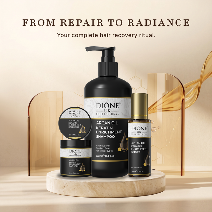 Dione UK Deep Repair Trio — Keratin Shampoo, 500ml Hair Mask & Frizz-Control Serum
