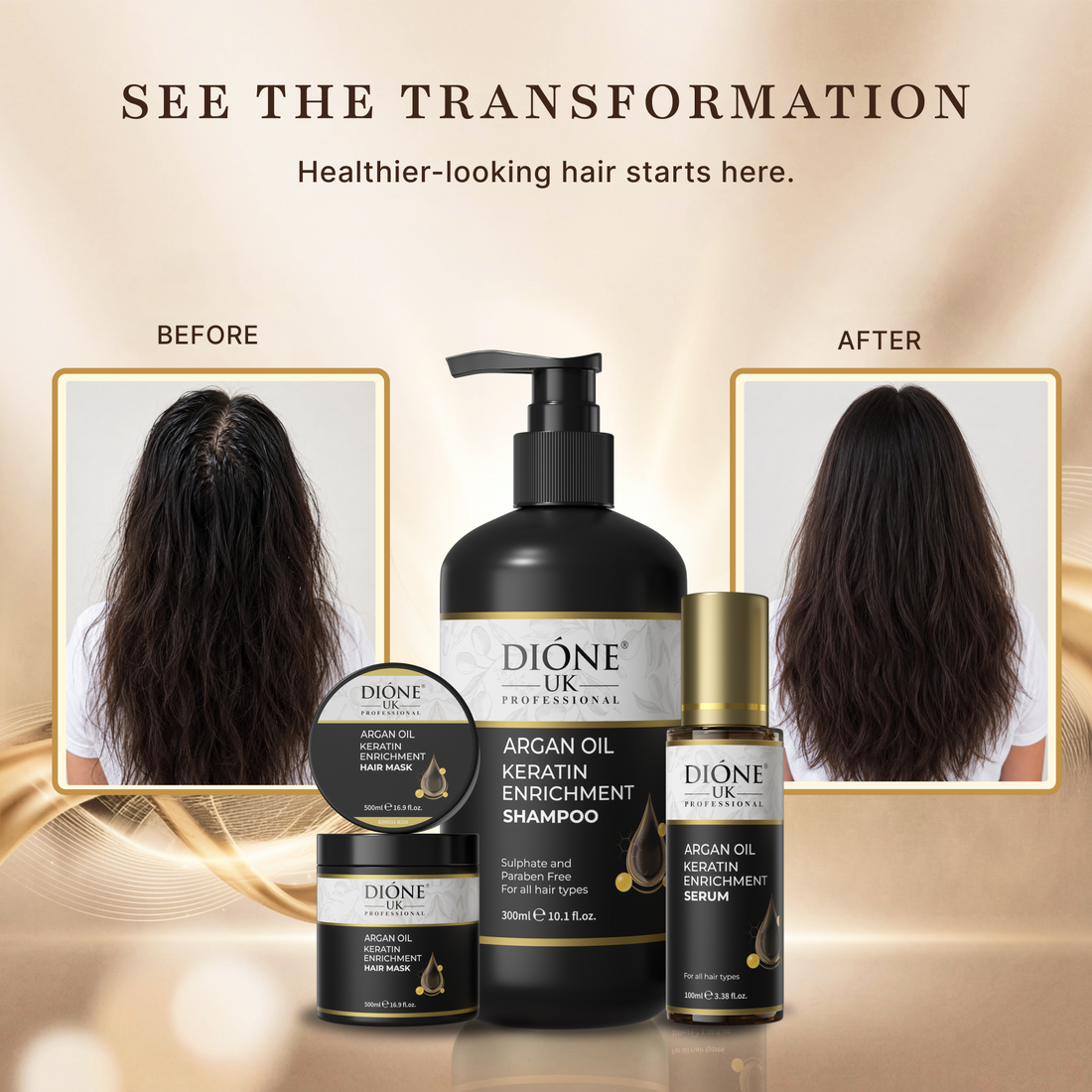 Dione UK Deep Repair Trio — Keratin Shampoo, 500ml Hair Mask & Frizz-Control Serum